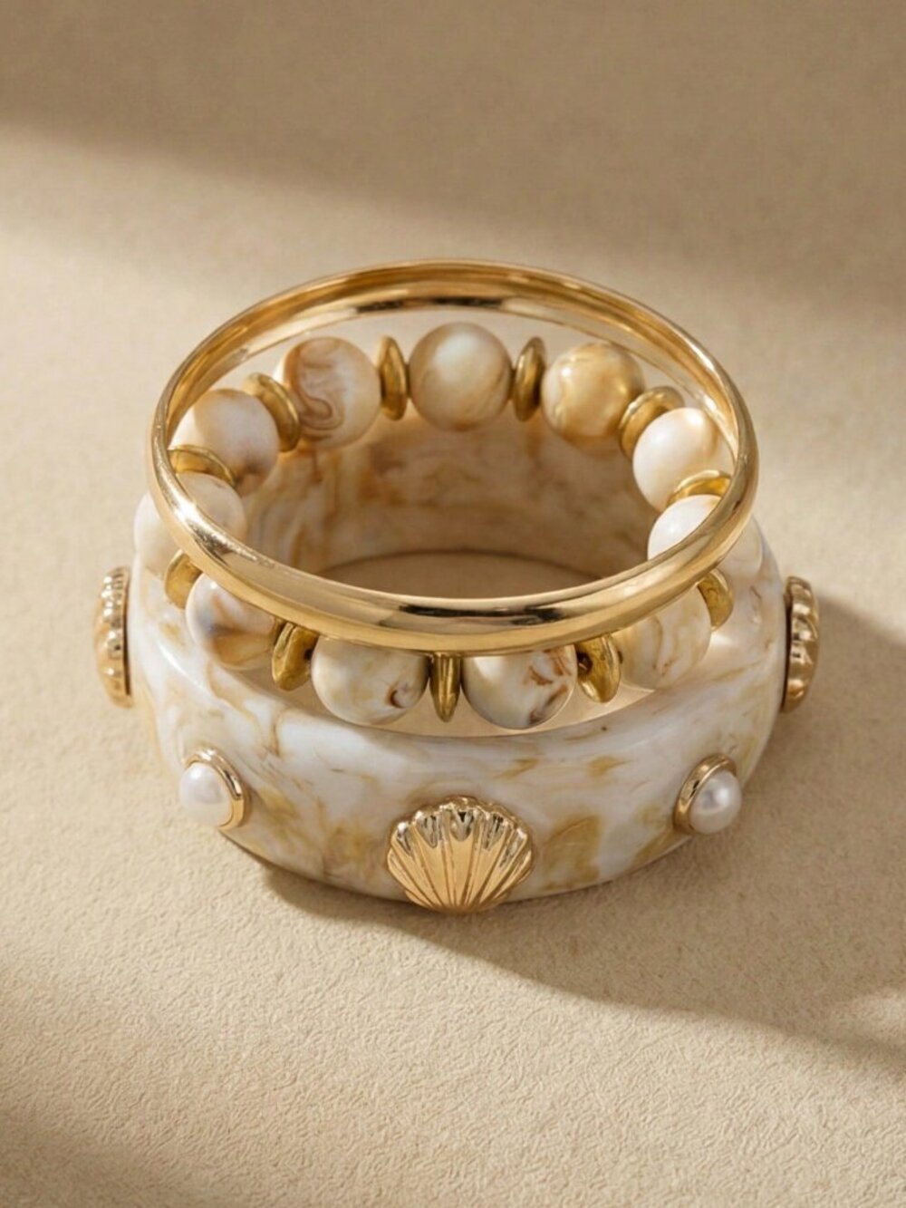 Multicolor Boho Women's Resin Multilayer Shell & Faux Pearl Bangle Set - Picture 6 of 6